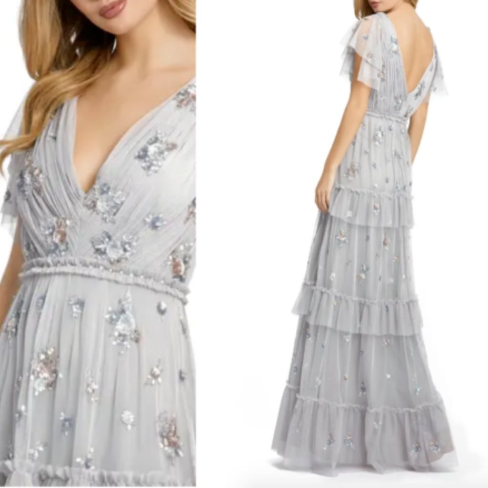 Mac Duggal Sequin Tiered Flutter Sleeve Platinum … - image 3